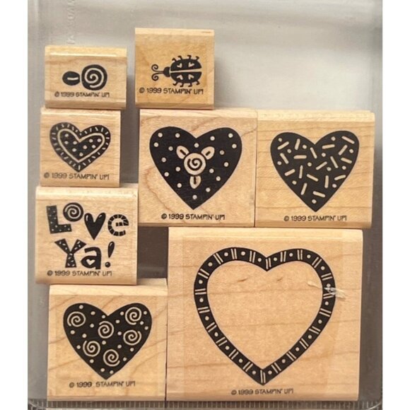 1999 STAMPIN' UP! Love Ya Wood Mounted Rubber Stamp set of 8 valentine heart - Picture 1 of 4